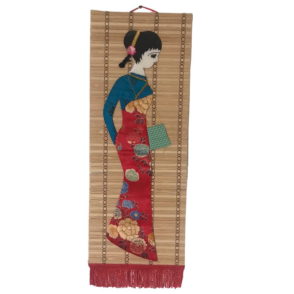 Bamboo Scroll Wall Hanging Asian Chinese 26" Woman Dress Fabric Applique